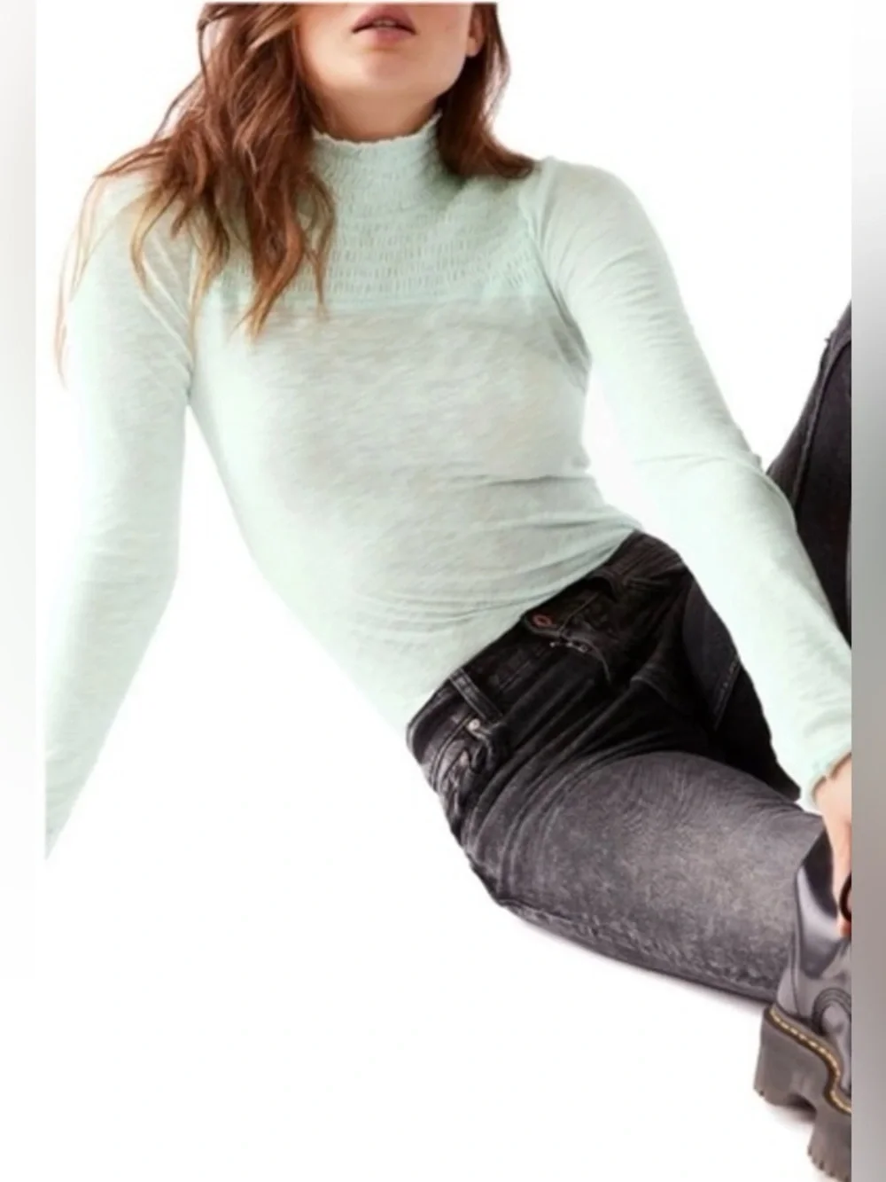 Free People Caroline Mock Neck Top in  ICED AQUA